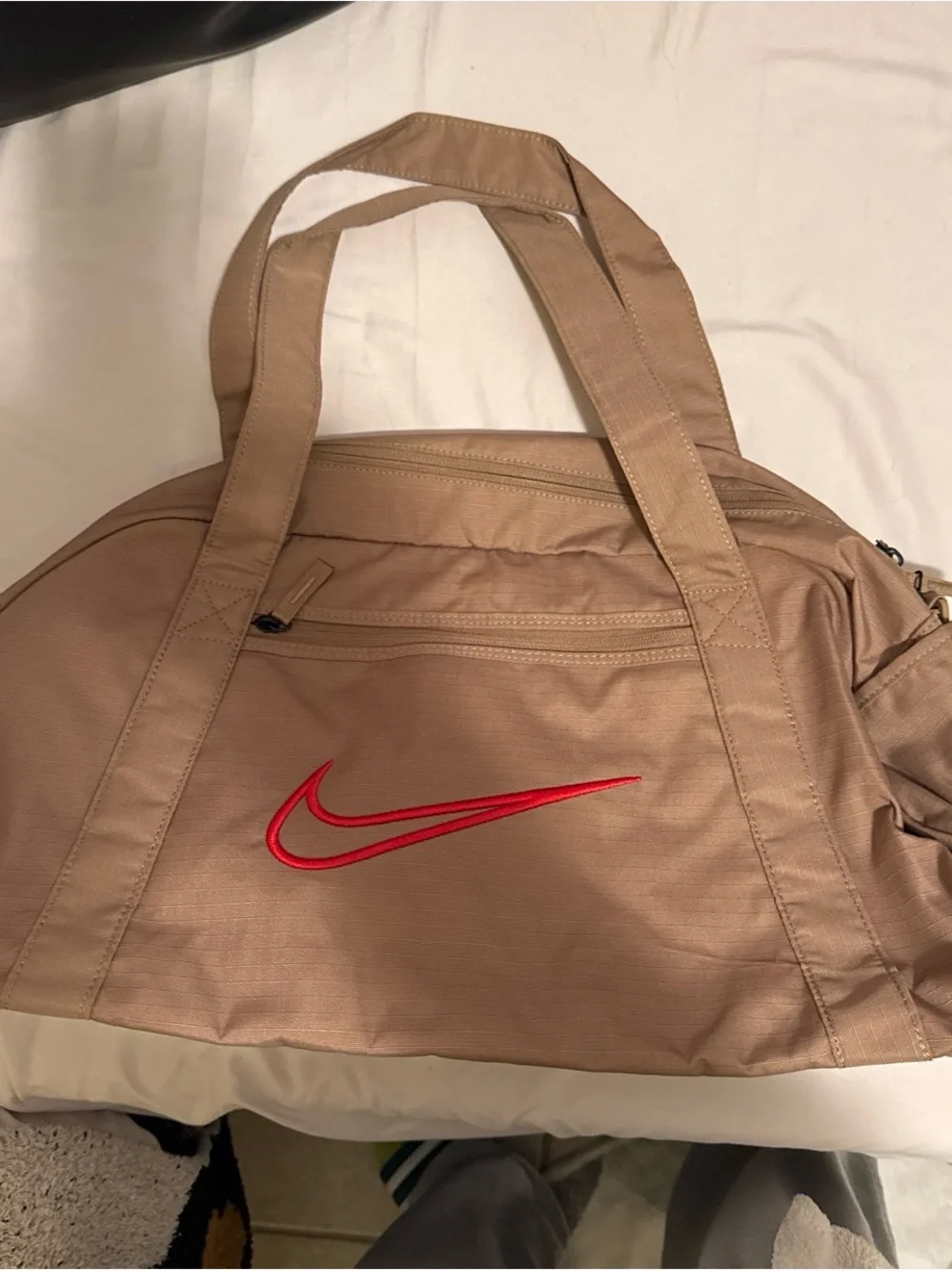 Nike Tan Duffel Bag with Red Swoosh